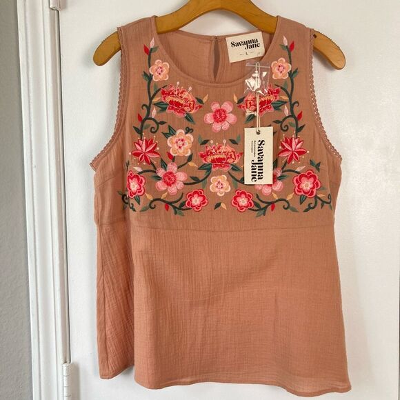 Savanna Jane Tops - Savanna Jane Apricot Embroidered Sleeveless Babydoll Cotton Floral Top Women’s L